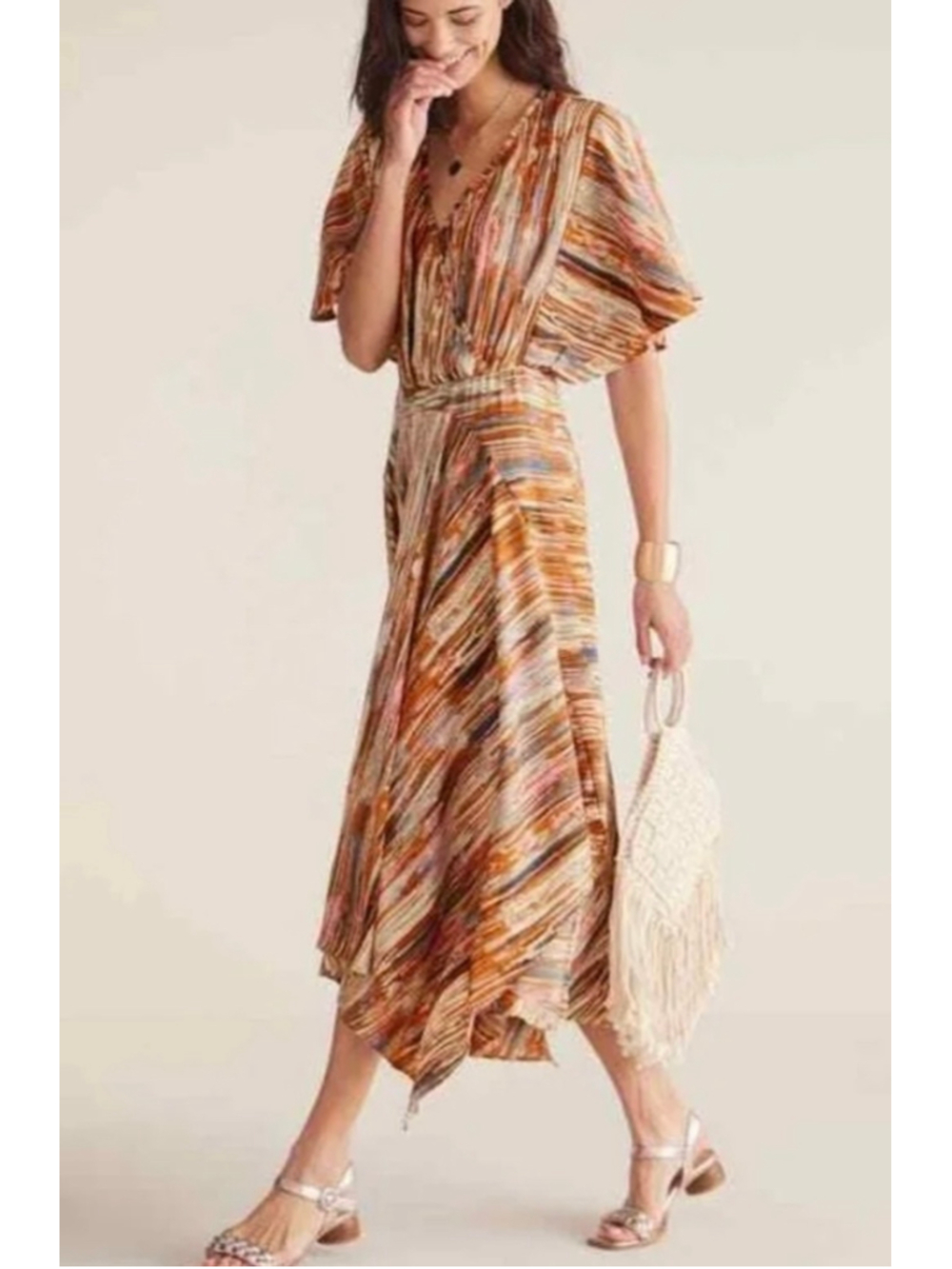 Soft Surroundings Cyra Maxi Dress Painted Stripe Boho Flutter Sleeve XS NWT